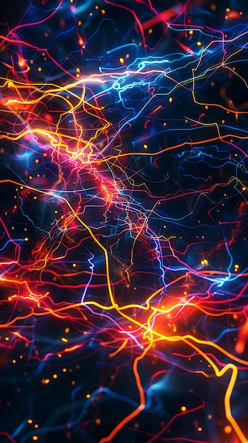Abstract lines of electricity intersecting on a dark canvas creating dynamic glowing patterns filled with energy