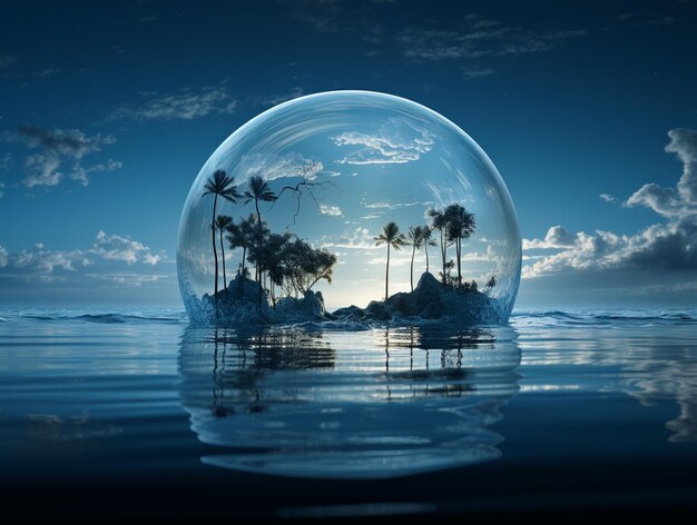 abstract liquid bubble with palm trees inside and their reflections