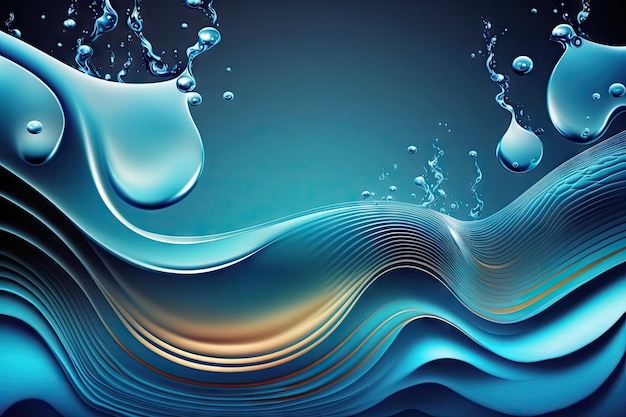 Абстрактный жидкий волновой фон с каплями воды на синем, созданный с помощью генеративного ИИ