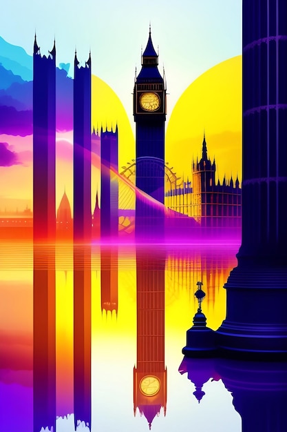 Abstract London England city landscape Big Ben London Eye bridge and Thames