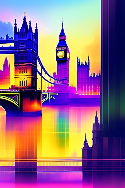 Abstract London England city landscape Big Ben London Eye bridge and Thames