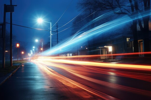 Abstract long exposure dynamic speed light in rural city road Ai generated