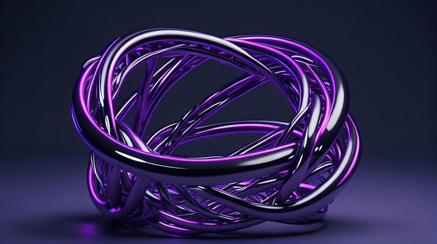 Abstract looped beautiful purple twisting ring made of metal and lines on a dark background by ai