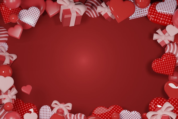 빨간색 배경에 추상 사랑 모양과 선물-3D 렌더링