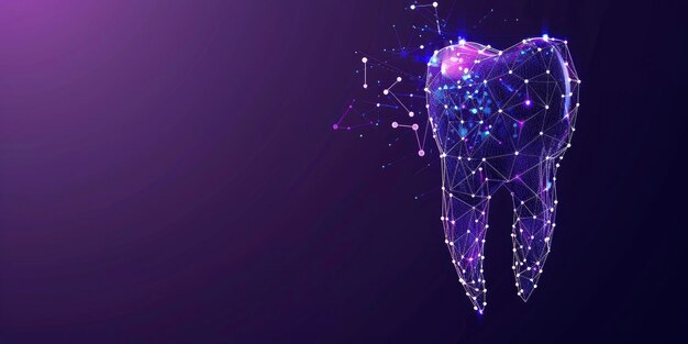 Photo abstract low poly digital tooth shape made of glowing dots and lines on a dark purple background