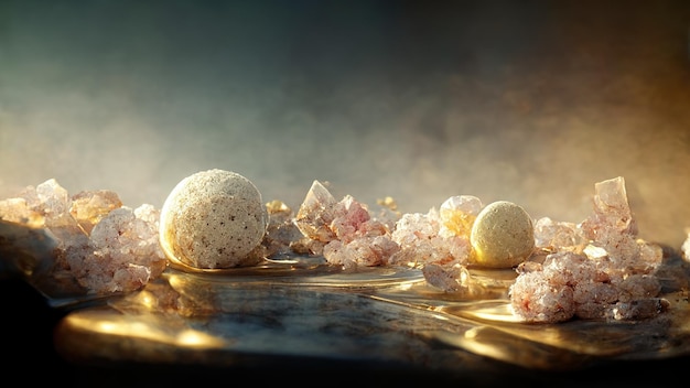 Абстрактный роскошный фон с драгоценными камнями и кристаллами, золотой пылью и световыми эффектами AI визуализирует 3D иллюстрацию