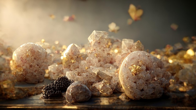 Абстрактный роскошный фон с драгоценными камнями и кристаллами, золотой пылью и световыми эффектами AI визуализирует 3D иллюстрацию