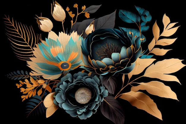 Abstract luxury dark and gold floral pattern background Generative AIxA