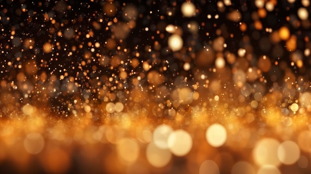 抽象的な豪華なゴールドの背景に金の粒子がキラキラ ヴィンテージ ライトの背景クリスマス黄金の光輝く粒子暗い背景にボケ味金箔テクスチャ休日 AI 生成