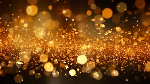 Abstract luxury gold background with gold particles glitter vintage lights background Christmas Golden light shine particles bokeh on dark background Gold foil texture Holiday AI Generative