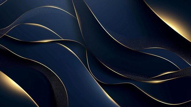 Abstract luxury golden lines curved overlapping on dark blue background Generative Ai