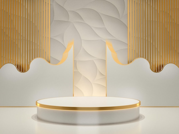 Abstract luxury rendering gold white cylinder pedestal podiums and white wall background 3D render