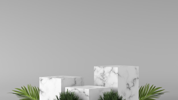 Abstract luxury three white box Marble podium and green leaf in white background.