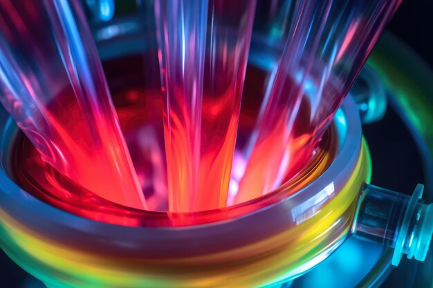 Abstract macro shot of centrifuge tubes filled with colorful liquids spinning at high speeds