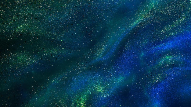 Abstract magic galaxy background golden glitter particles on a dark green background with blue hues