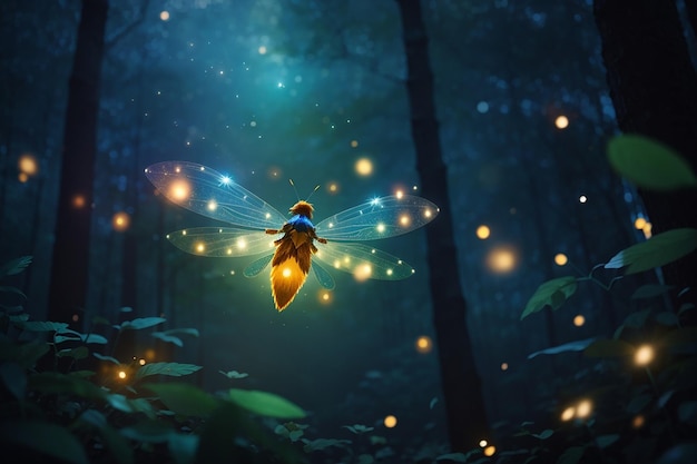 Abstract and magical image of Firefly flying in the night forest Fairy tale concept