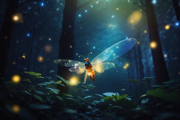 Photo abstract and magical image of firefly flying in the night forest fairy tale concept