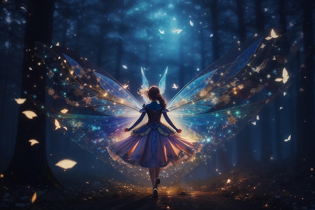 Abstract and magical image of Firefly flying in the night forest Fairy tale concept