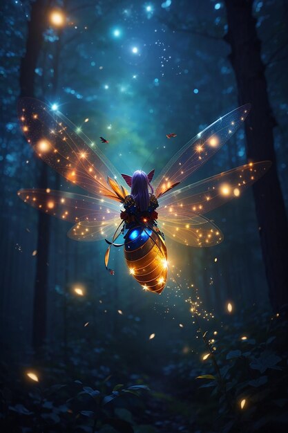 Abstract and magical image of firefly flying in the night forest fairy tale concept