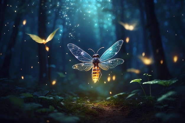 Photo abstract and magical image of firefly flying in the night forest fairy tale concept