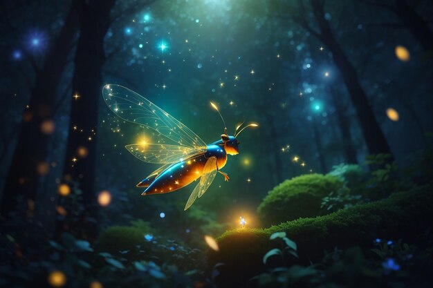 Photo abstract and magical image of firefly flying in the night forest fairy tale concept