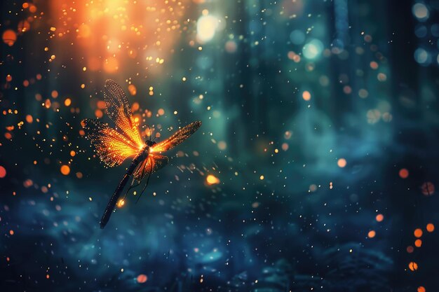 Abstract and magical image of Firefly flying in the night forest Fairy tale concept