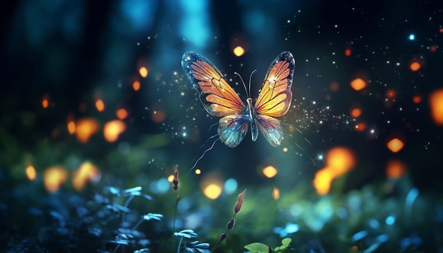 Абстрактное и волшебное изображение светлячки, летящей в ночном лесу.