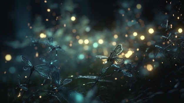 Abstract and magical image of glitter Firefly flying in the night forest Fairy tale concept