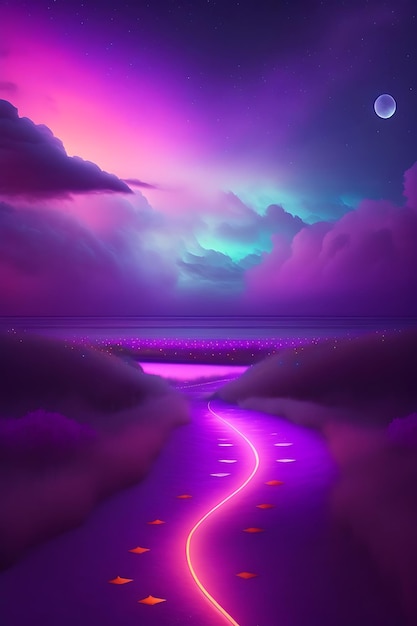 Abstract magical pathway in the clouds purple shimmer firefly fairy lights glowing walk at night