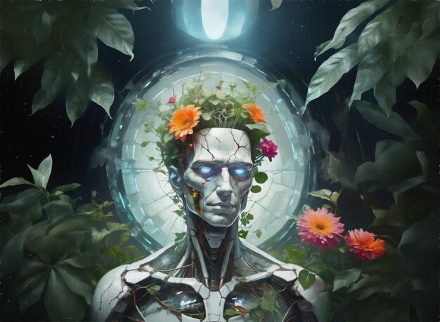 Abstract male cyborg with plants cyber futuristic illustration