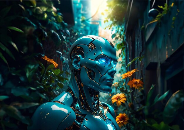 Abstract male cyborg with plants cyber futuristic illustration