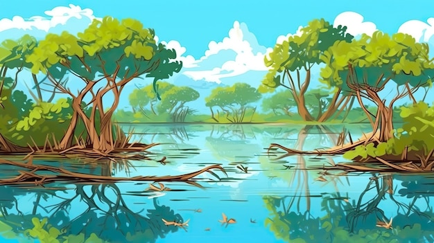 Abstract mangrovebos als achtergrond Ontwerp van een boeiende banner met een geïllustreerd mangrovebos tegen een schilderachtige natuurachtergrond Generatieve AI