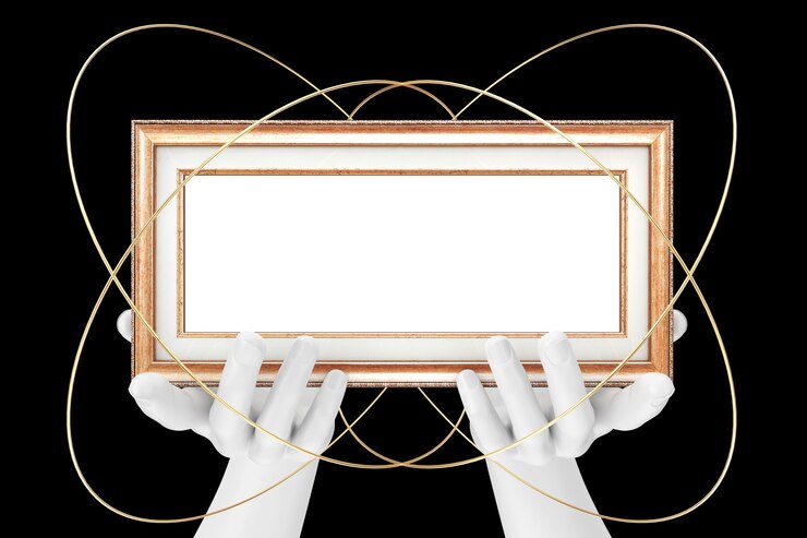 Photo abstract mannequin hands holding classic wooden photo frame with free space for your design on a black background. 3d rendering