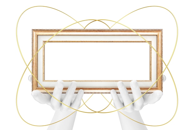 Abstract Mannequin Hands Holding Classic Wooden Photo Frame with Free Space for Your Design on a white background. 3d Rendering