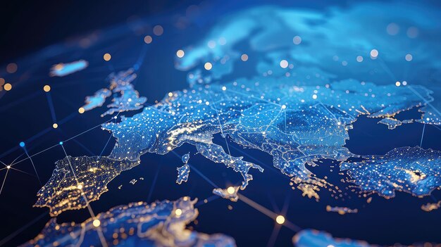 Abstract Map of Western Europe Illustrating Concept of Global Network Connectivity Data Transfer