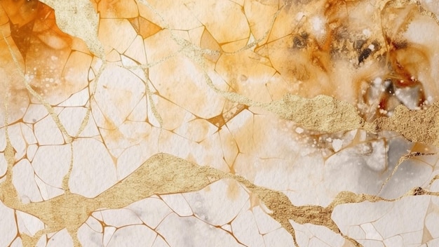 Abstract Marble Texture Watercolor Background On Paper With gold crack