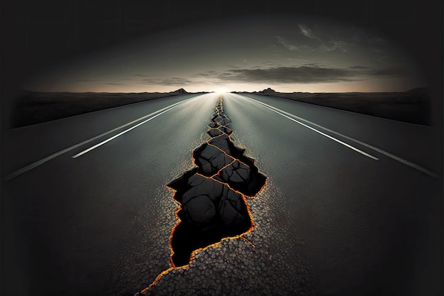 暗いアスファルト高速道路の道路背景デジタル イラストにクラックを伴う抽象的なマーキング ライン