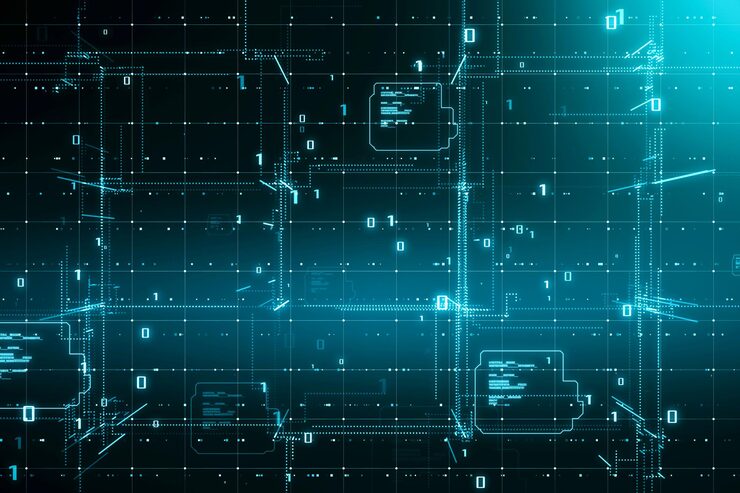 Photo abstract matrix technology background with scientific technology data of binary code transmission network of connectivity complexity and data flow concept 3d rendering