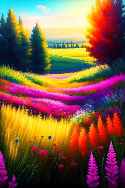 Abstract meadow field of flowers Colorful blooming floral painting Spring garden background