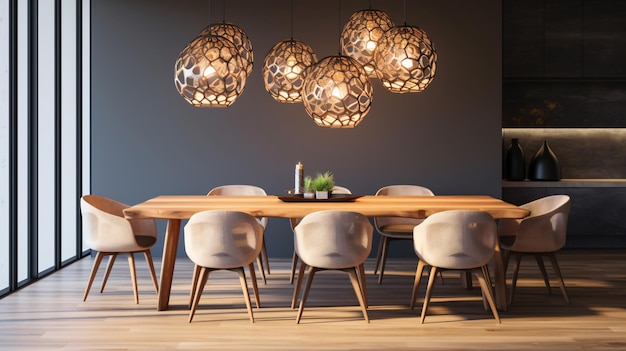 Абстрактные сетчатые подвесные шаровые лампы над деревянной столовой