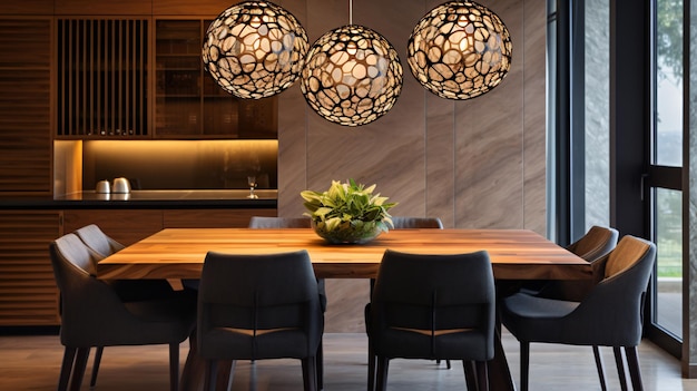 Abstract mesh pendant ball lamps above wooden dining