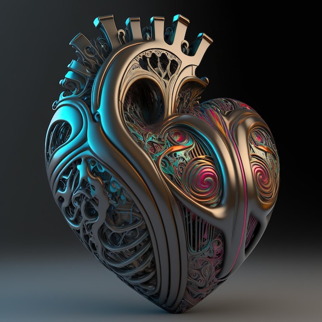 Абстрактное металлическое сердце с рисунком маори 3d-рендеринга Generative AI