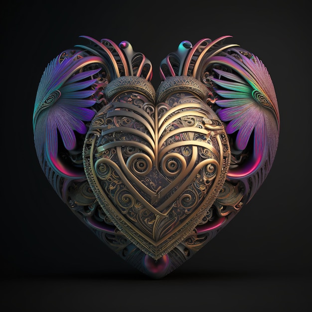 Abstract metal heart with Maori pattern 3d rendering Generative AI