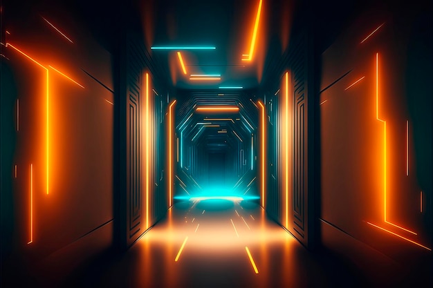 Abstract metallic light tunnel corridor with neon lights\
creating a hitech scifi passageway with reflections technology glow\
in the dark background