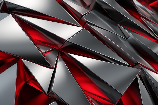 Abstract metallic red ruby silver triangular pattern 3d render illustration of modern geometric wall