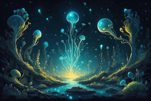 Abstract microcosm with bioluminescence High quality illustration