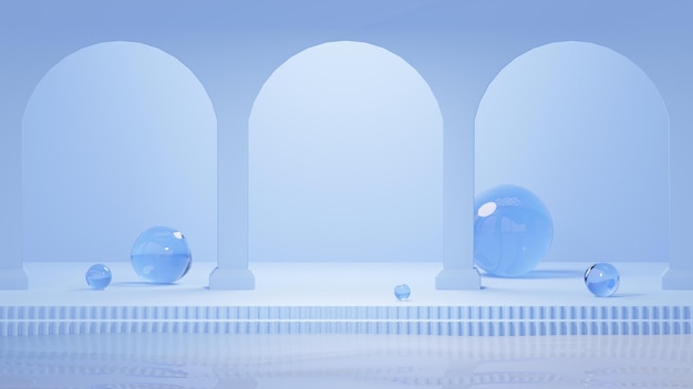 Photo abstract minimal background blue color for product presentation with water pool and sphere glass