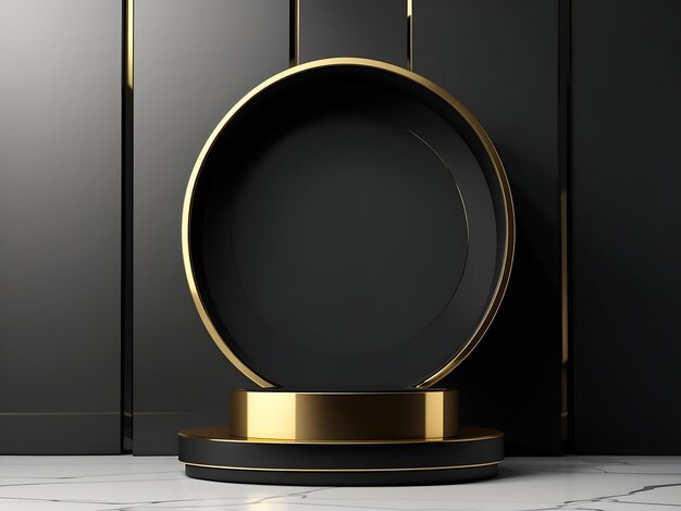 抽象的な最小限のコンセプト背景に光沢のあるゴールドの縁の丸い表彰台を持つ高級黒モックアップ