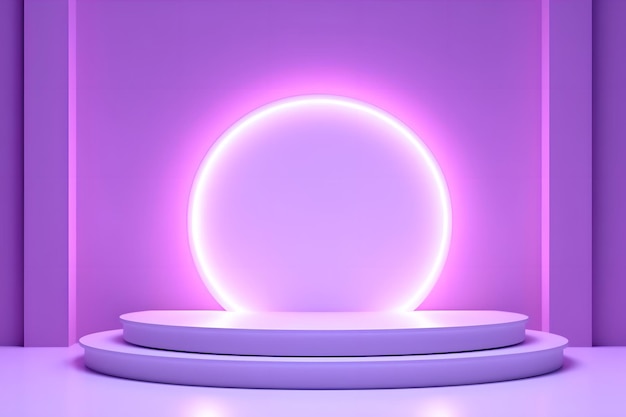 Abstract minimal display purple podium for products stage showcase promotion display 3D cylinder pedestal podium with glowing neon round circle background