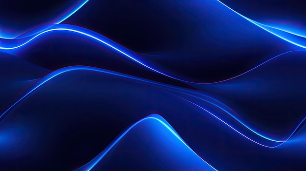 Abstract minimal neon background with glowing wavy line dark wall illuminated with led lamps blue futuristic wallpaper